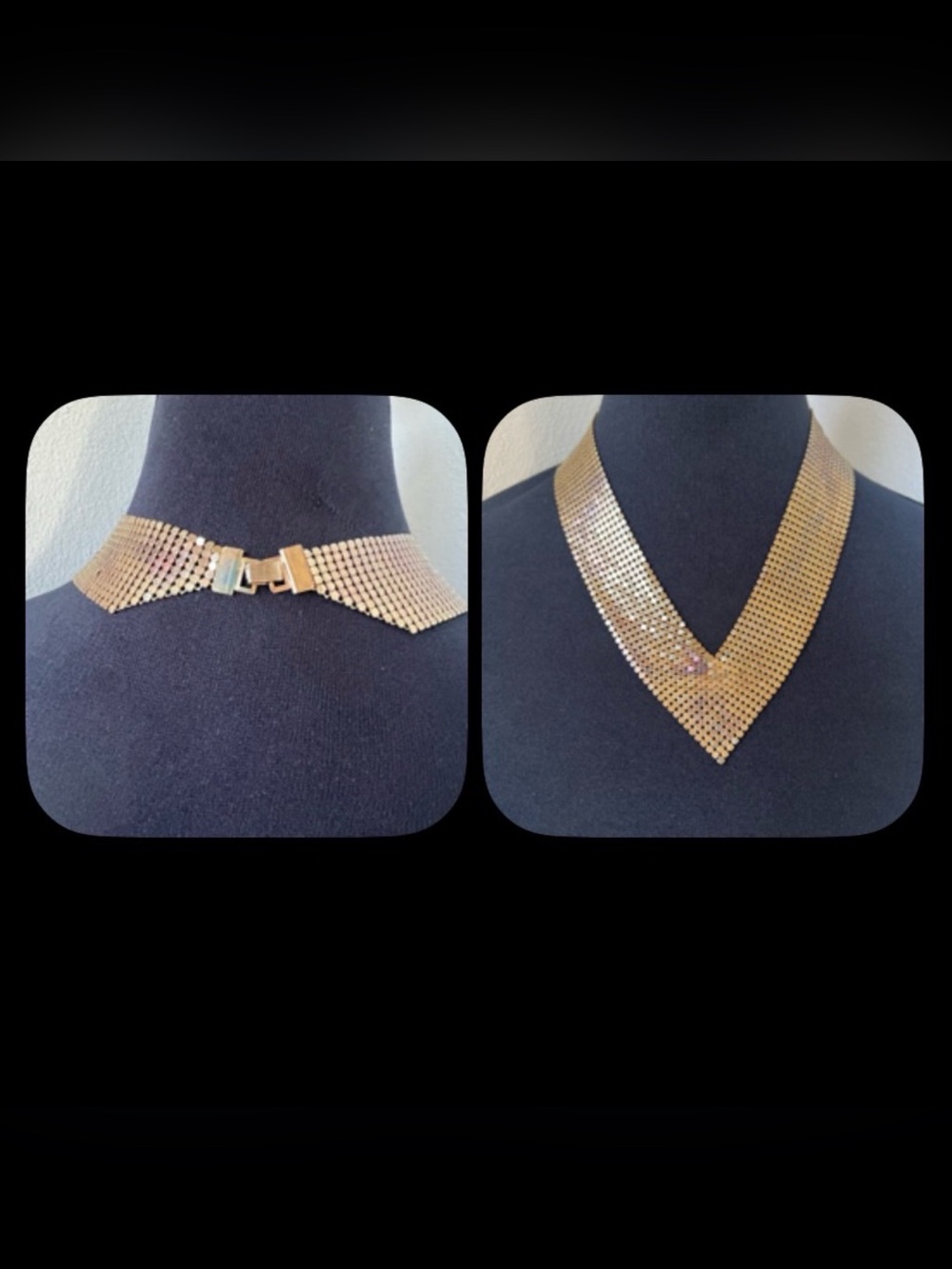 True Vintage Chainmail Mesh Bib Wide V Collar Necklace Gold Choker
